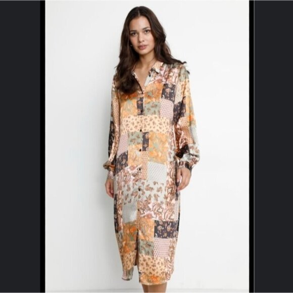 NWT Culture Patchwork Satin Dress M Long Sleeve Maxi Button Up Paisley Brocade - Picture 1 of 8